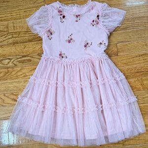 Rare Editions Light Pink Tulle Dress with Floral Embroidery